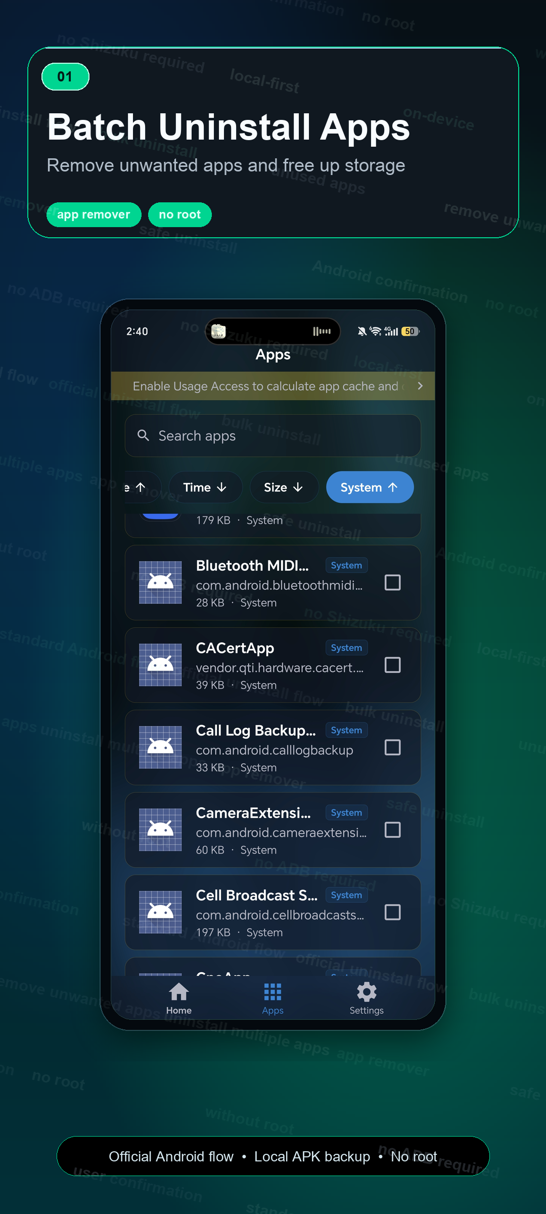 Uninstaller app list and batch uninstall screen